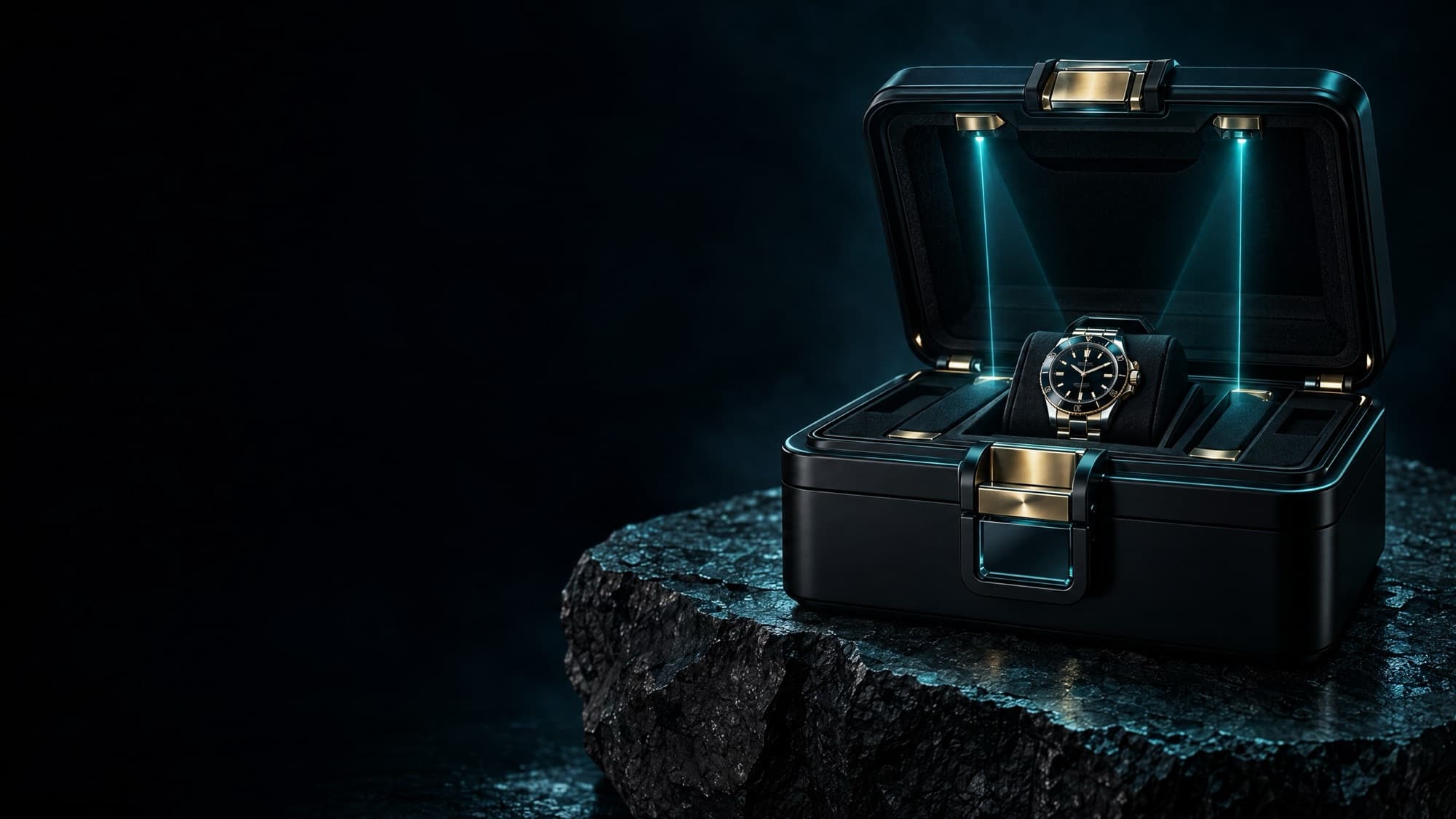 Luxury watch in an open case on dark stone
