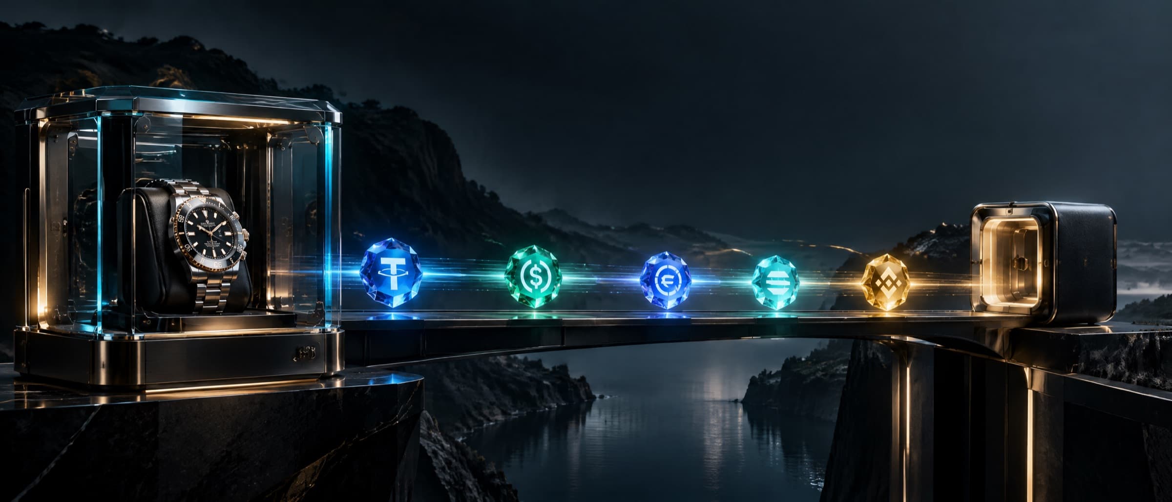 A watch in a glass case, stablecoin tokens crossing a bridge to a vault