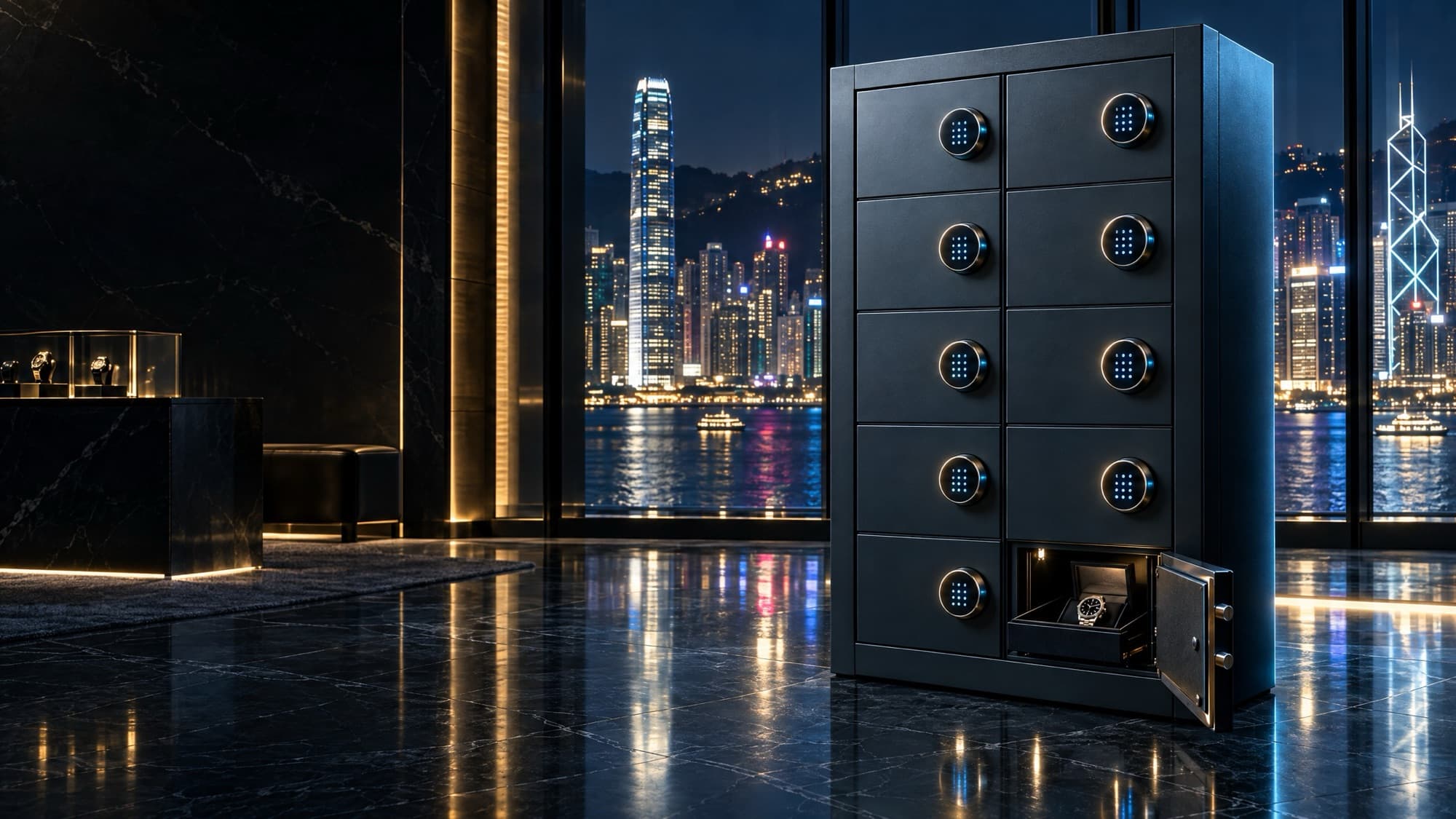 Multi-cell vault in Hong Kong with the harbour skyline behind