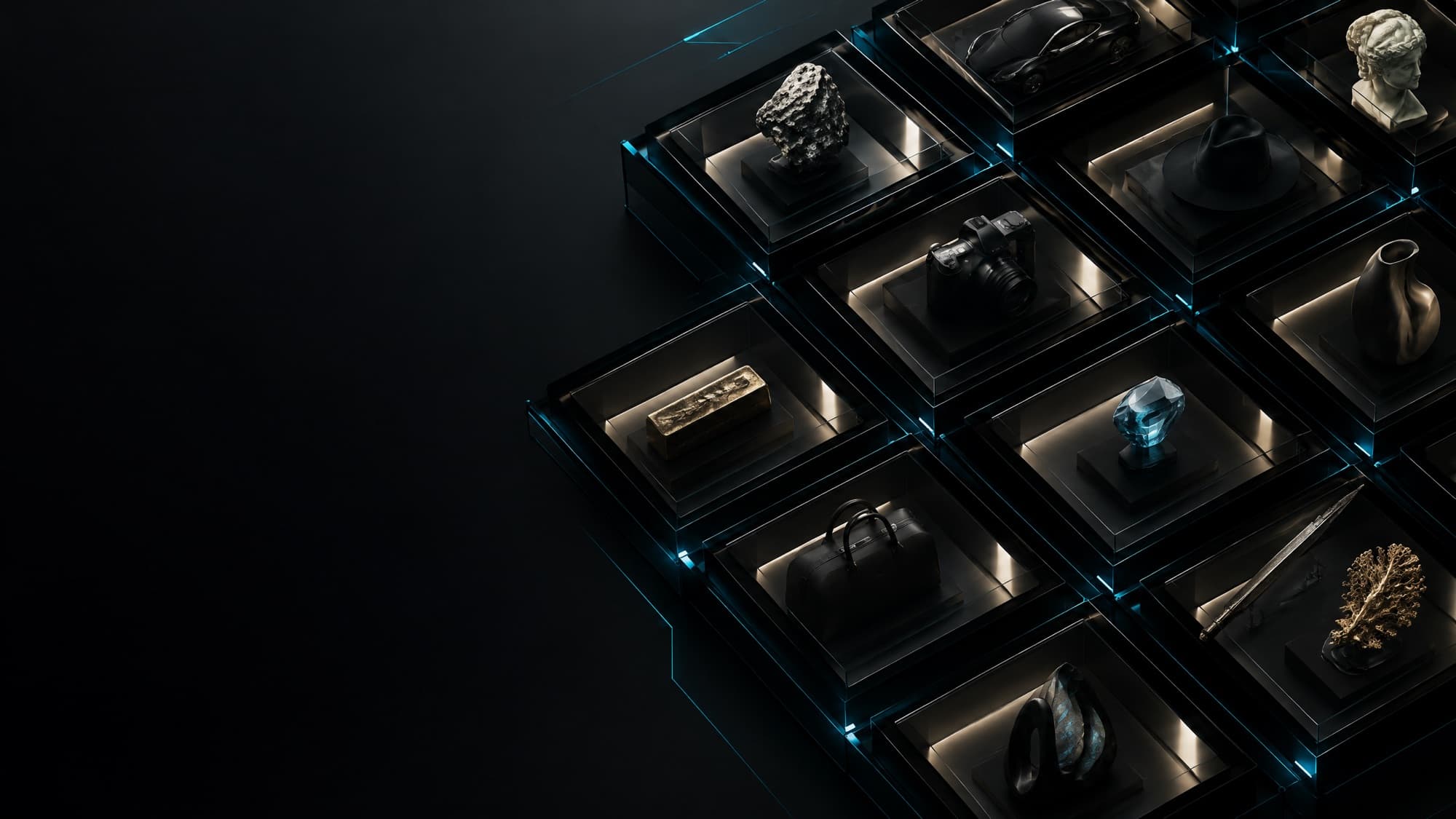 Collectibles displayed in a grid of lit glass cases