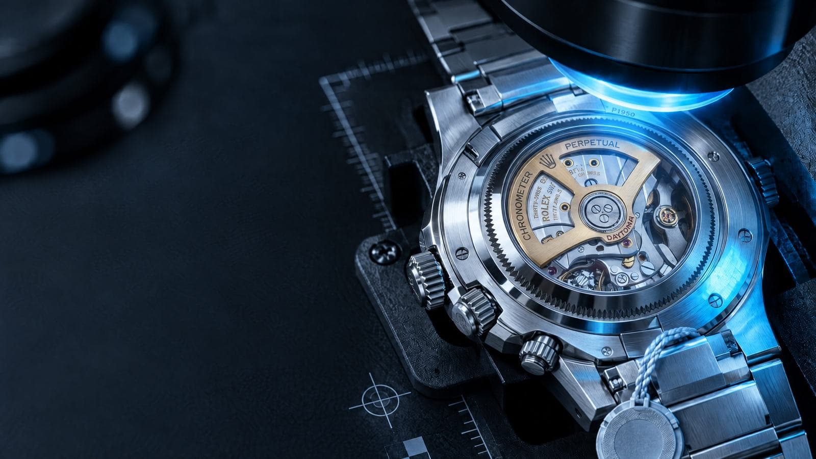 Watch case back under inspection with measuring instruments