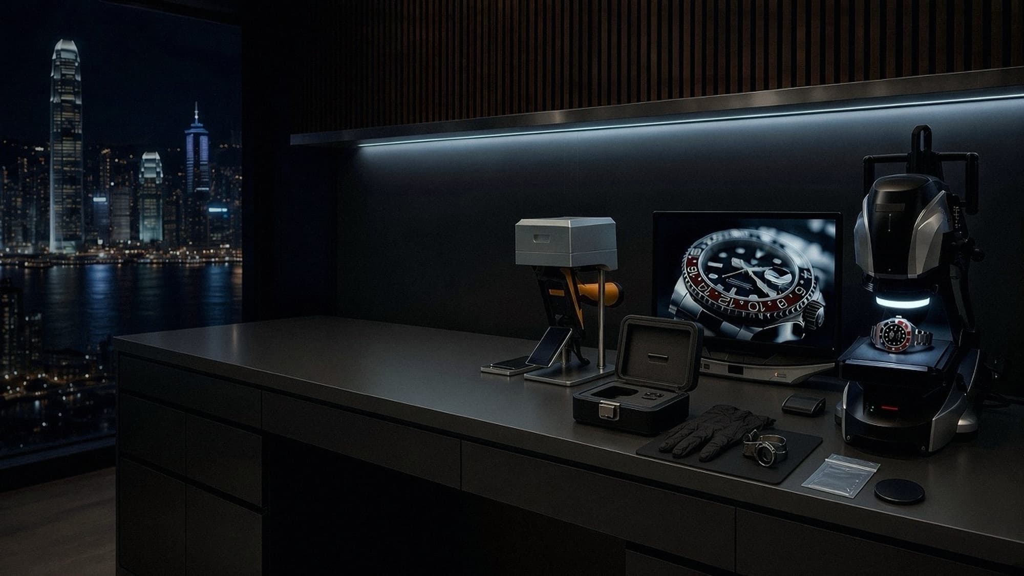 Watch verification bench with a microscope in a Hong Kong office